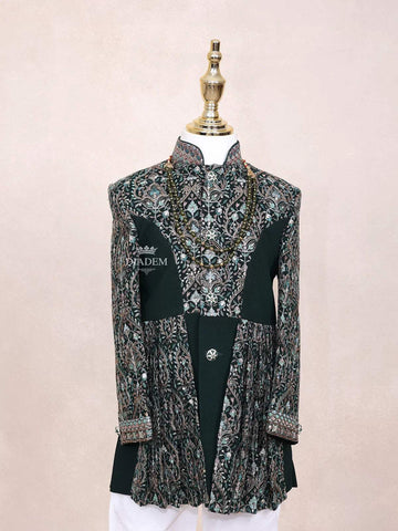 Dark Green Sherwani Adorned with Sequins and Fancy Design Attached with Pearls Mala - Diadem