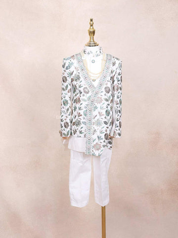 Off-White Kids Sherwani Adorned with Sequins and Floral Design Attached with Pearls Mala - Diadem