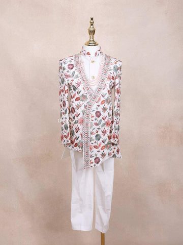 Ivory Kids Sherwani Adorned with Sequins and Thread Floral Design With Pearls Mala - Diadem