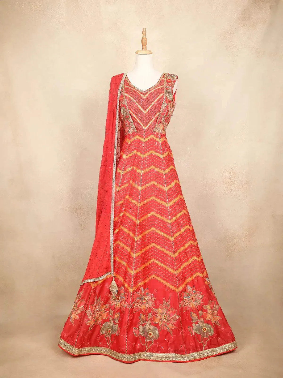 Red Pink Partywear Gown with Sequins and Embroidery - Diadem
