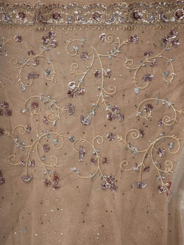 White Net Saree with Sequins and Floral Design on the Body with Embroidery Border - Diadem