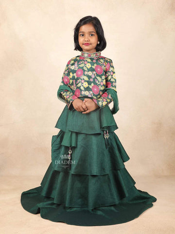 Dark Green Kids Raw Silk Gown Adorned with Floral and Mirror Design with Dupatta - Diadem