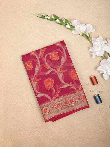 Red Pink Art Silk Saree with Vine Flower Design on the Body with Designed Border - Diadem