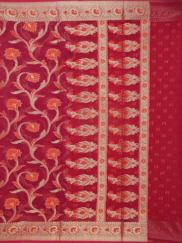 Red Pink Art Silk Saree with Vine Flower Design on the Body with Designed Border - Diadem