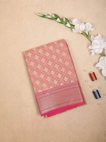 Pink Art Silk Saree with Diagonal Floral Design on the Body with Zari Border - Diadem