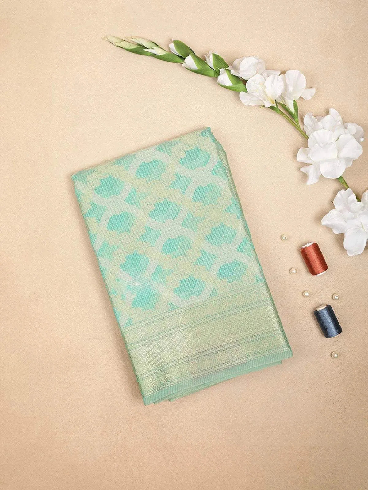 Light Green Art Silk Saree with Floral and Thread Design on the Body with Zari Border - Diadem
