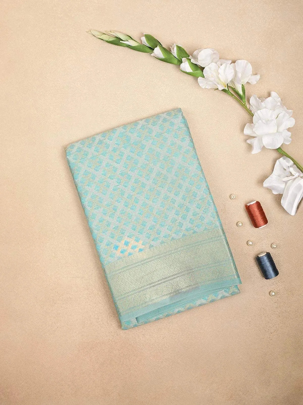 Teal Blue Art Silk Saree with Checks Design on the Body with Designed Zari Border - Diadem