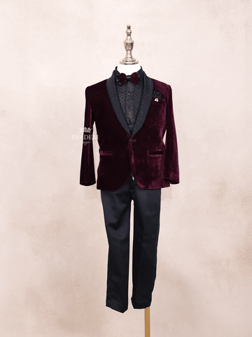 Burgundy Kids Coat Suit Plain Design Attached with Bow - Diadem