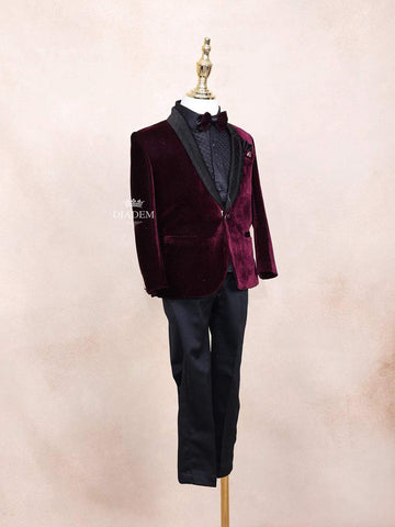 Burgundy Kids Coat Suit Plain Design Attached with Bow - Diadem