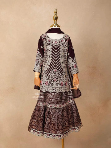 Wine Velvet Lehenga Embellished with Stones and Threadwork, Paired with Dupatta - Diadem