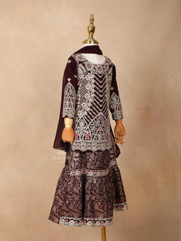 Wine Velvet Lehenga Embellished with Stones and Threadwork, Paired with Dupatta - Diadem