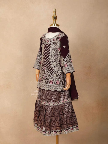 Wine Velvet Lehenga Embellished with Stones and Threadwork, Paired with Dupatta - Diadem