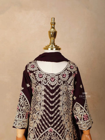 Wine Velvet Lehenga Embellished with Stones and Threadwork, Paired with Dupatta - Diadem