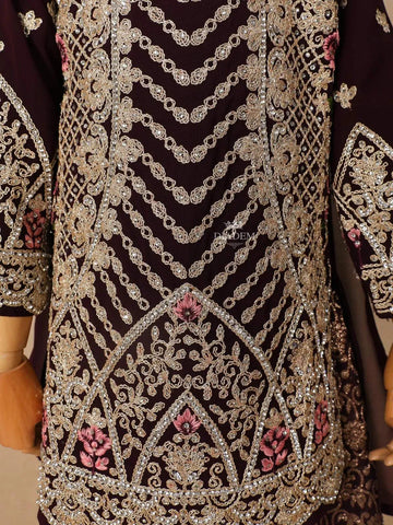 Wine Velvet Lehenga Embellished with Stones and Threadwork, Paired with Dupatta - Diadem