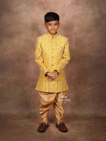 Mustard Yellow Silk Sherwani Set with Embroidery Floral Design - Diadem
