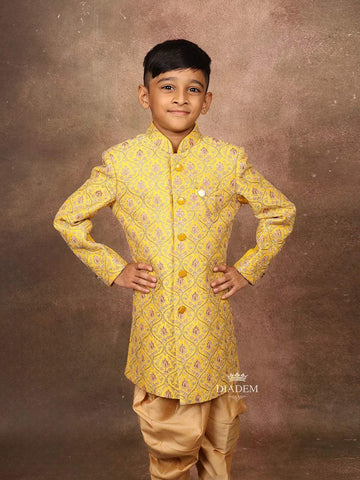Mustard Yellow Silk Sherwani Set with Embroidery Floral Design - Diadem