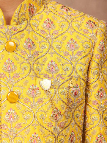 Mustard Yellow Silk Sherwani Set with Embroidery Floral Design - Diadem