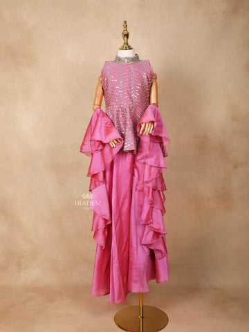 Pink Satin Palazzo Salwar Suit Adorned with Embroidery, Paired with Dupatta - Diadem