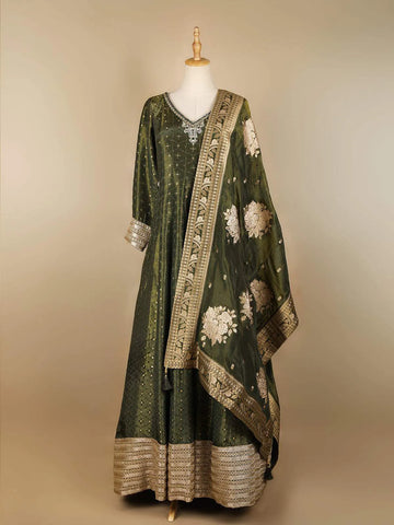 Dark Green Floral Embroidery Gown and Dupatta - Diadem