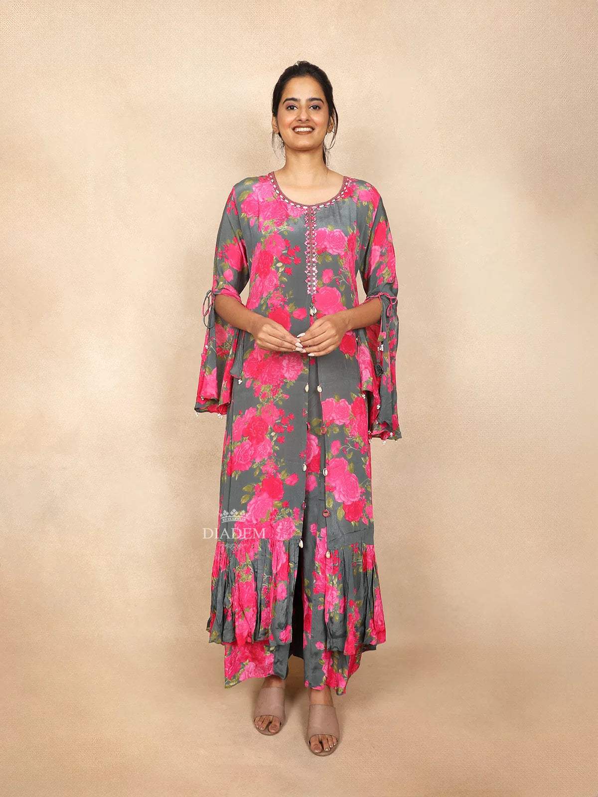Grey Palazzo Salwar Suit for Women Embellished with Sequins and Floral Design - Diadem