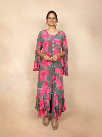 Grey Palazzo Salwar Suit for Women Embellished with Sequins and Floral Design - Diadem