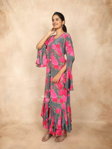 Grey Palazzo Salwar Suit for Women Embellished with Sequins and Floral Design - Diadem