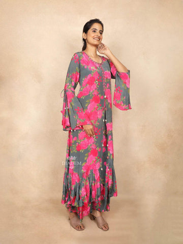 Grey Palazzo Salwar Suit for Women Embellished with Sequins and Floral Design - Diadem