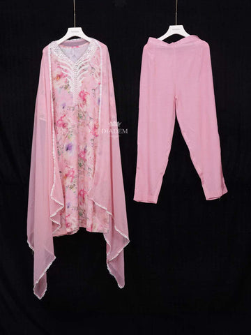Pink Straight Cut Salwar Suit for Girls Adorned with Beads and Floral Design With Dupatta - Diadem