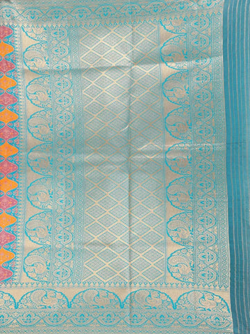Teal Blue Semi Banarasi Saree with Fancy Design on the Body with Zari Border - Diadem