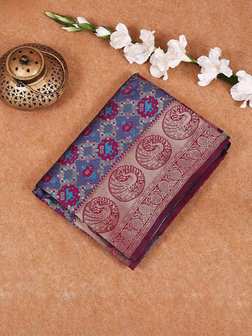 Dark Blue Semi Banarasi Saree with Geometric and Animal Motif on the Body with Border - Diadem