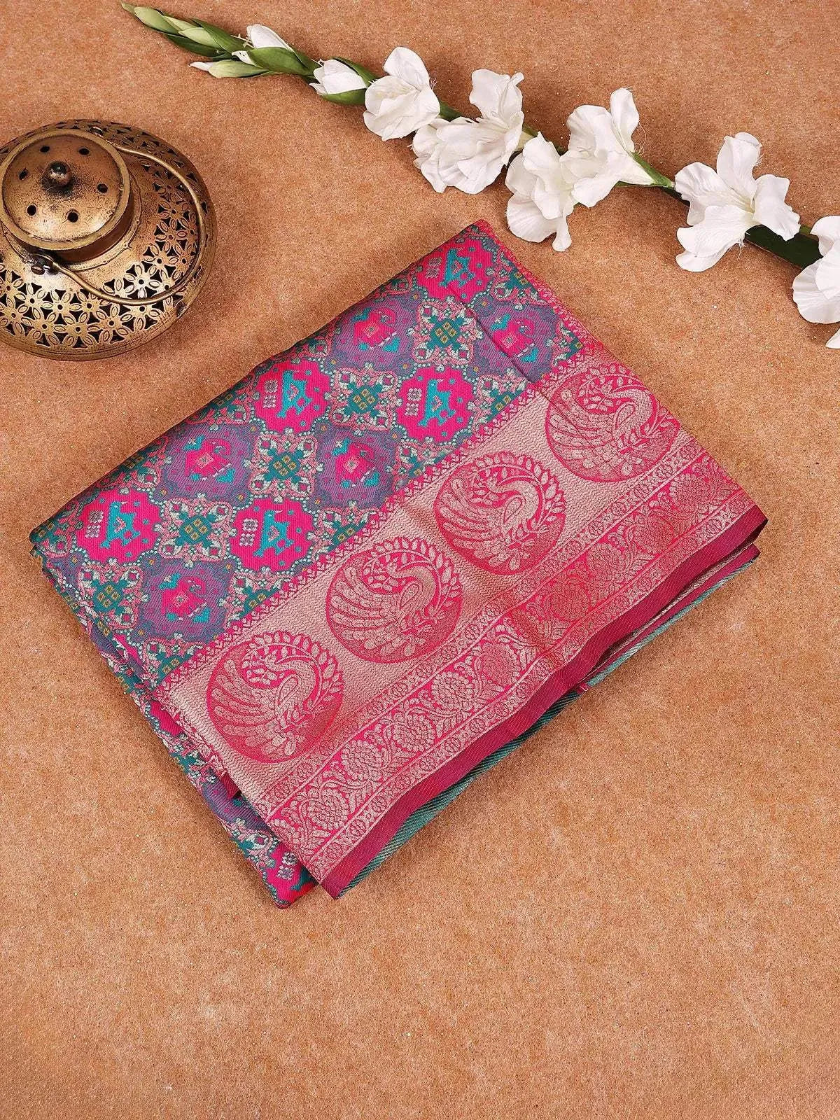 Blue Semi Banarasi Saree with Geometric and Animal Design on the Body with Zari Border - Diadem