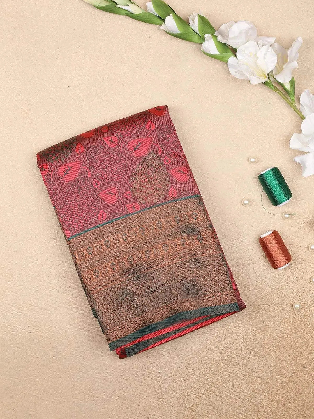 Red Art Silk Saree with Leaf Jacquard on the Body with Contrast Zari Border - Diadem