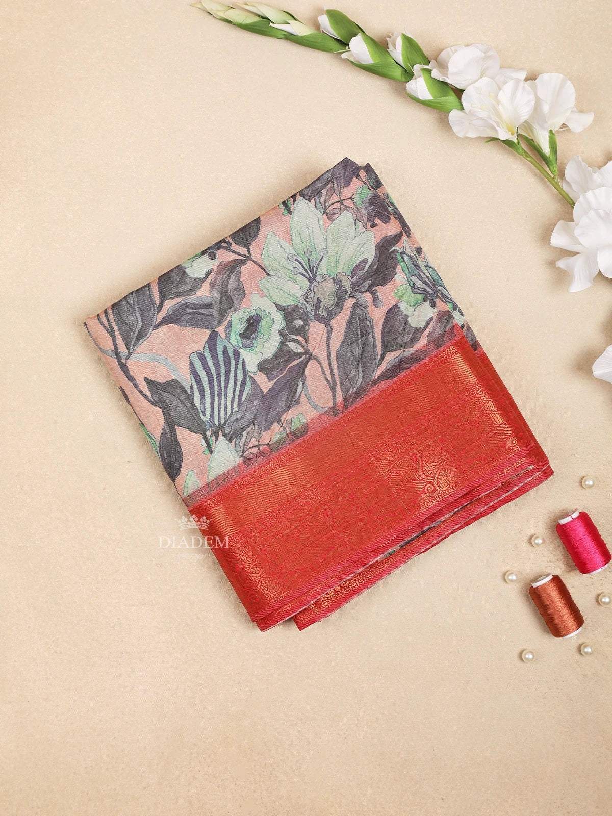 Light Pink Semi Tussar Silk Saree with Floral Design on the Body with Zari Border - Diadem