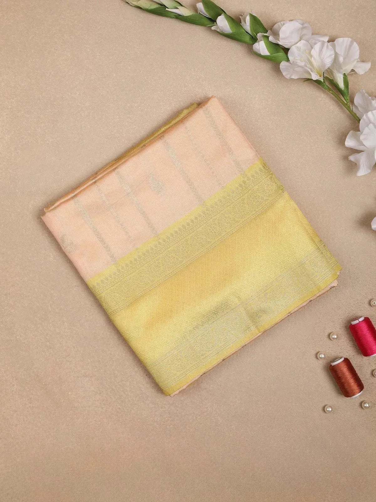 Peach Semi Tussar Silk Saree with Pineapple and Stripes Design on the Body with Zari Border - Diadem