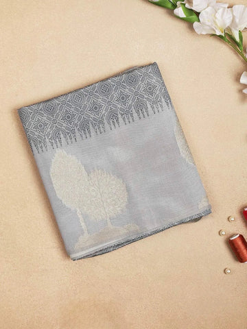 Grey Semi Tussar Silk Saree with Geometric Design on the Body and without Border - Diadem