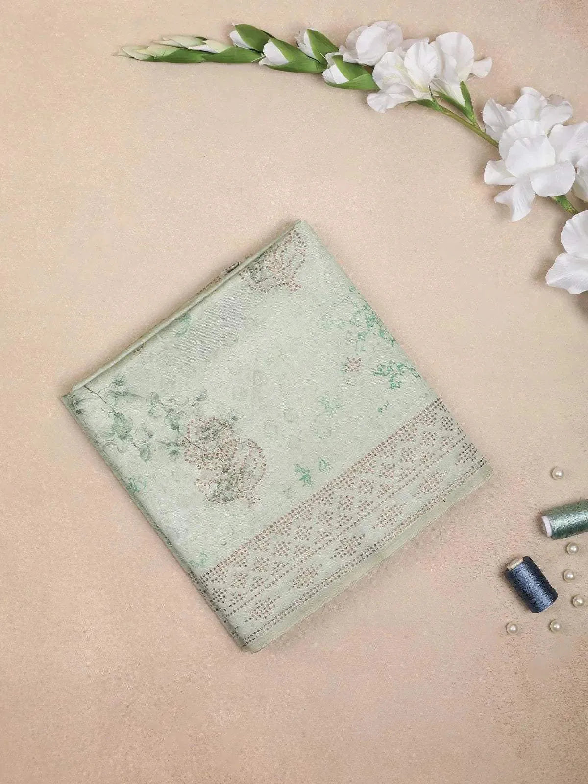 Light Green Semi Tussar Silk Saree with Floral Design on the Body with Designed Border - Diadem