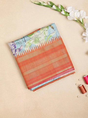 Light Blue Semi Tussar Silk Saree with Floral Design on the Body with Contrast Border - Diadem