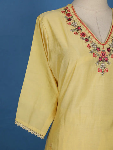 Yellow Floral Embroidered Silk Cotton Salwar Suit - Diadem