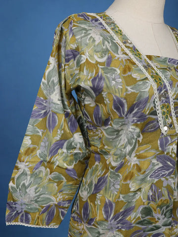 Olive Green Floral Printed Cotton Salwar Suit - Diadem