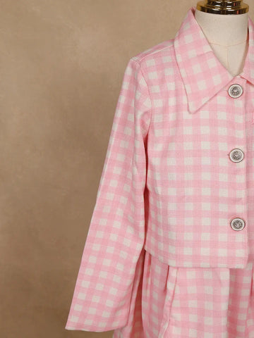 White and Pink Checkered Cotton Blend Skirt and Top Set - Diadem