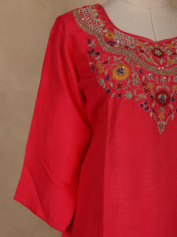 Bright Red Floral Embroidered Silk Cotton Salwar Suit - Diadem