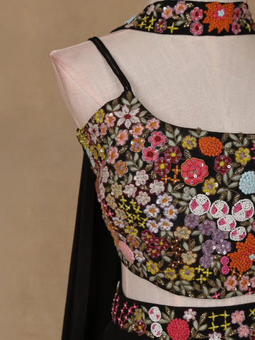Black Floral Embroidered Satin Lehenga - Diadem
