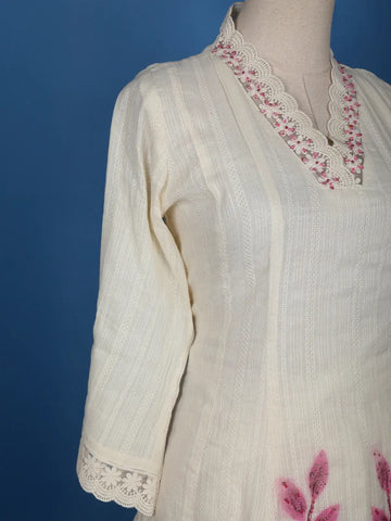 Ivory Leaf Printed Cotton Salwar Suit - Diadem