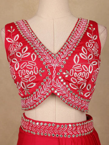 Vibrant Red Sequin Embellished Georgette Crop Top with Draped Skirt - Diadem