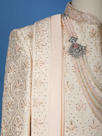 Ivory Floral Embroidered Polyester Sherwani Suit with Dupatta - Diadem