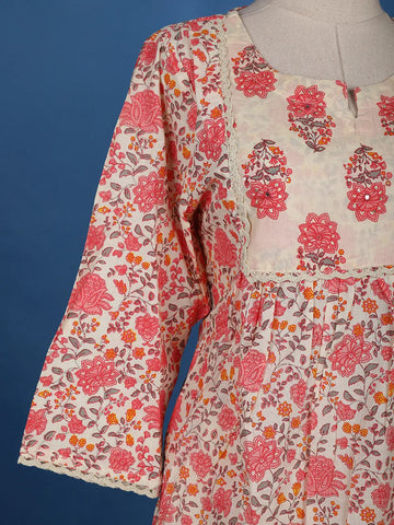 Ivory Floral Printed Cotton Salwar Suit - Diadem