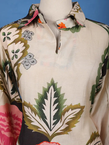 Light Beige Floral Printed Cotton Palazzo Suit - Diadem