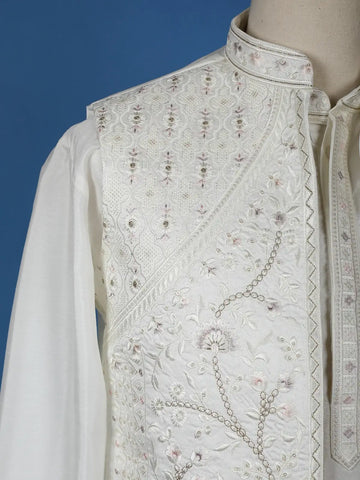 White Floral Embroidered Polyester Sherwani Suit - Diadem