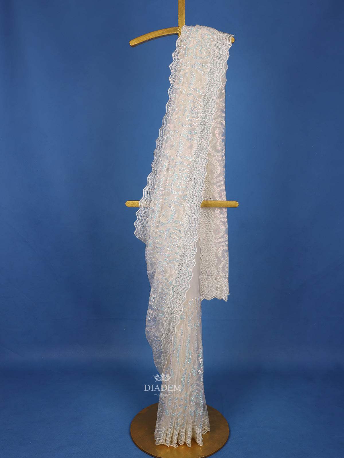 White Net Bridal Saree with Sequins Floral Design on the Body with Designed Border - Diadem