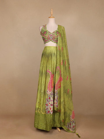 Green Paisley Printed Semi Silk Bridesmaid Lehenga - Diadem